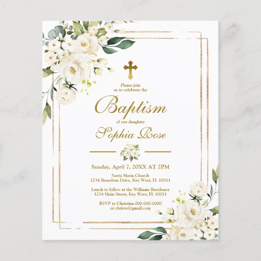 Papier Budget Fleurs blanches et Baptême d'or Invitation (Devant)