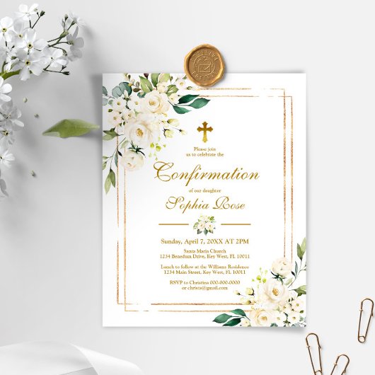 Papier Budget Fleurs blanches Gold Confirmation Invitatio