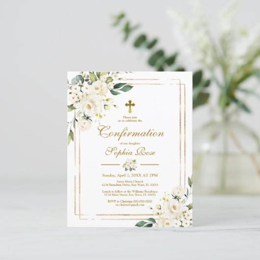 Papier Budget Fleurs blanches Gold Confirmation Invitatio (Debout devant)
