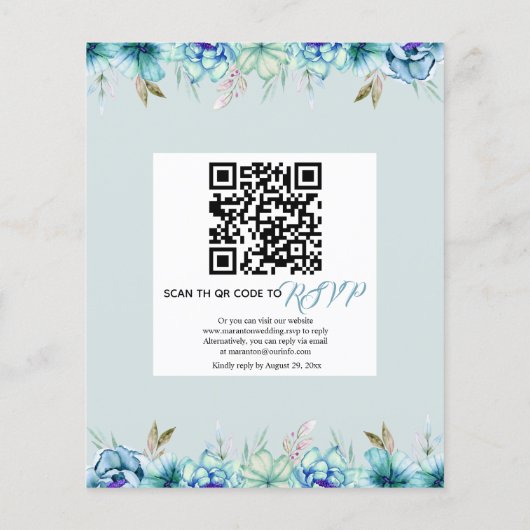 Papier BUDGET fleurs bleues QR code faire-part de mariage (Dos)