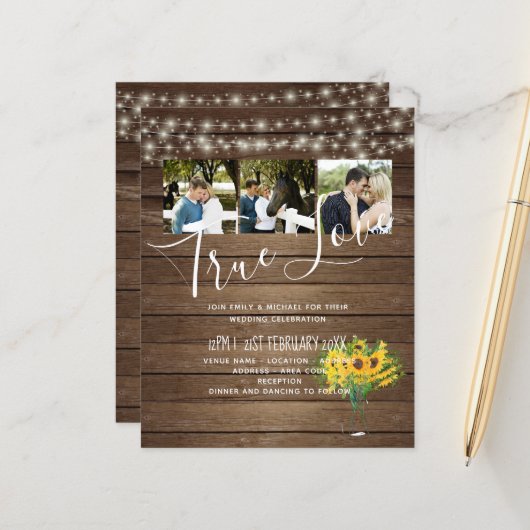 Papier BUDGET Fleurs de soleil rustiques Mariage de bois  (Devant/Arrière en situation)
