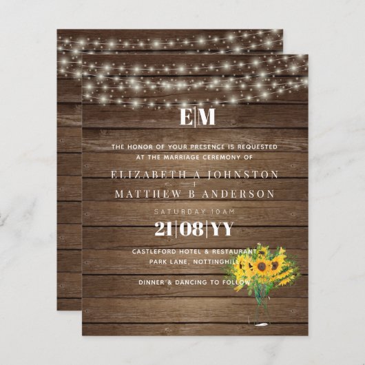 Papier BUDGET Fleurs de soleil rustiques Mariage de bois  (Devant / Derrière)