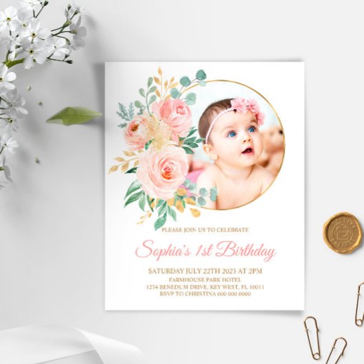 Papier Budget Fleurs roses et or premier Invitation d'ann