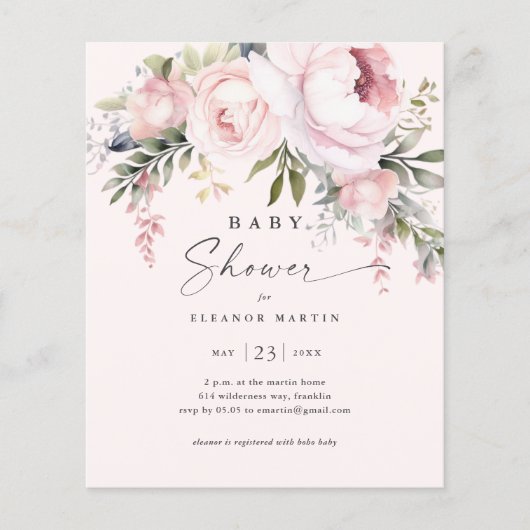Papier Budget Fleurs roses Invitation Baby shower de jard (Devant)