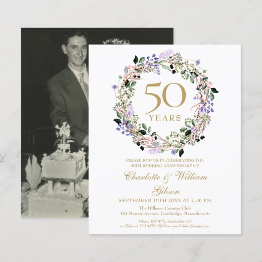 Papier Budget Floral 50e anniversaire Invitation photo (Devant / Derrière)