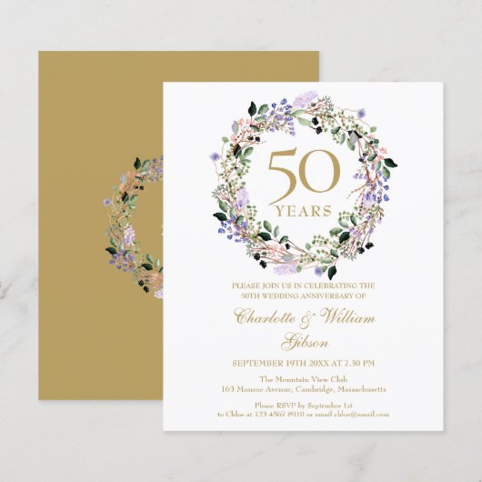 Papier Budget Floral 50e anniversaire Mariage Invitation (Devant / Derrière)