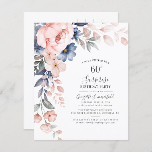 Papier Budget Floral 60e anniversaire Pink Script Invitat (Devant / Derrière)