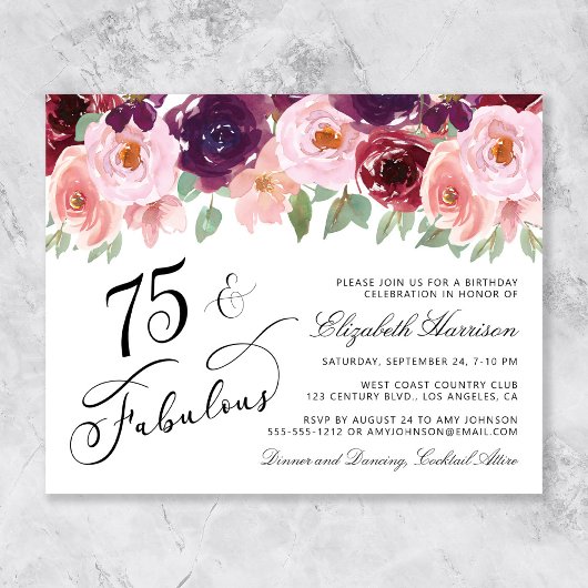 Papier Budget Floral 75e anniversaire de fête Invitation