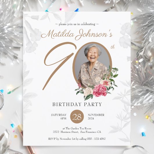 Papier Budget Floral 90e Anniversaire Fête Invitation