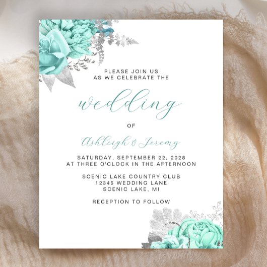 Papier Budget Floral Aqua Silver Script Wedding Invite