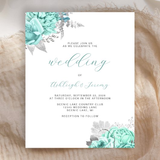 Papier Budget Floral Aqua Silver Script Wedding Invite