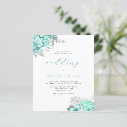 Papier Budget Floral Aqua Silver Script Wedding Invite (Debout devant)