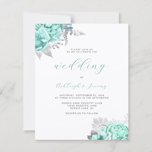 Papier Budget Floral Aqua Silver Script Wedding Invite (Devant)