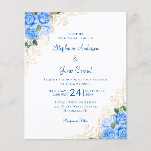 Papier Budget Floral Aquarelle bleu Faire-part de mariage (Devant)