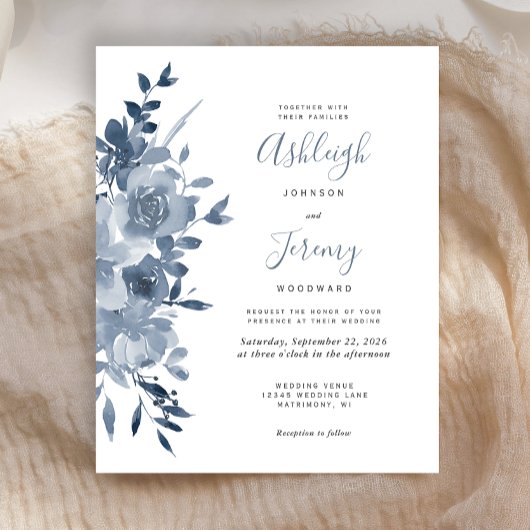 Papier Budget Floral Aquarelle Dusty Blue Wedding Invitat