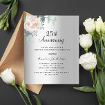Papier Budget floral argent 25e anniversaire mariage<br><div class="desc">Un arrière - plan faux argenté. Décorée d'une floraison blanche,  d'une fleur de pivoine et d'une verdure d'eucalyptus couleur verte à l'eau. Personnalisez et ajoutez vos noms et les détails. 1 feuille = 1 invite imprimé bord à bord.</div>