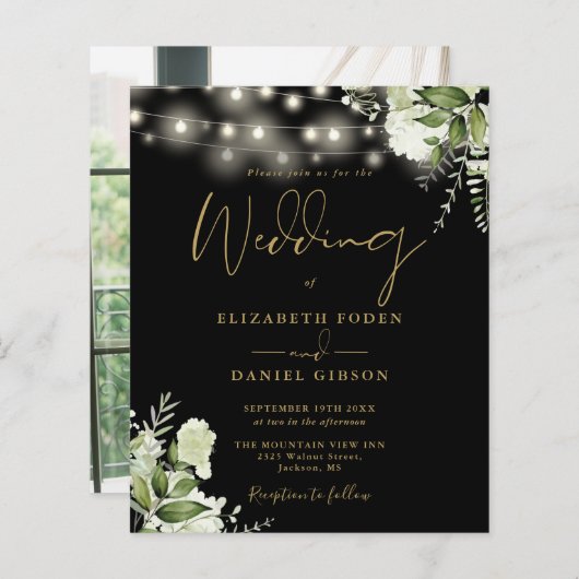 Papier Budget Floral Black and Gold Photo Wedding Invitat (Devant / Derrière)
