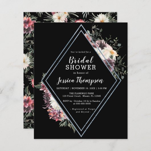 Papier Budget Floral Black Bridal Show Invitation (Devant / Derrière)