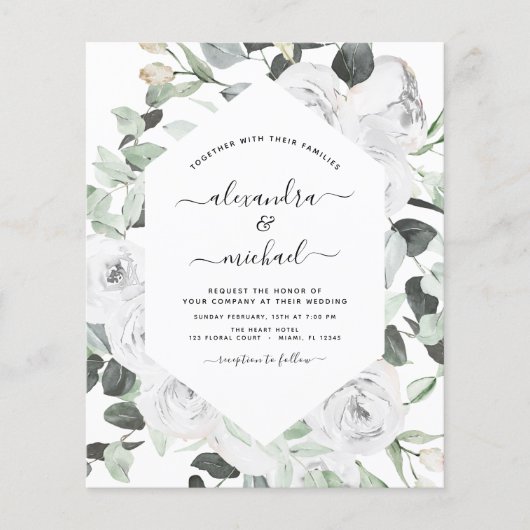 Papier Budget Floral blanc Roses Eucalyptus Mariage (Devant)
