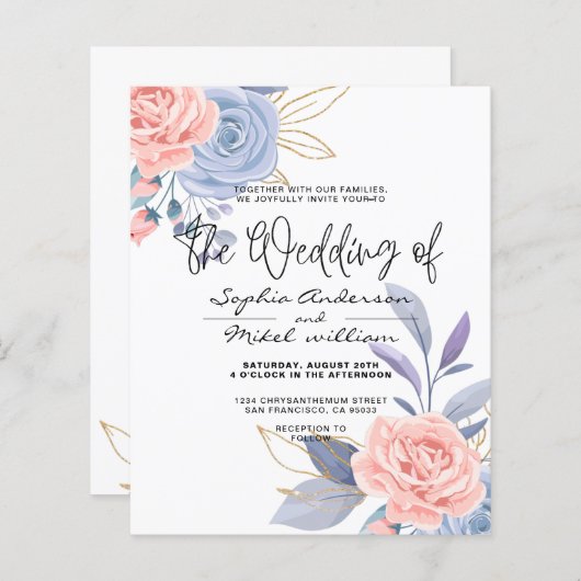 Papier Budget Floral bleu et rose faire-part de mariage d (Devant / Derrière)