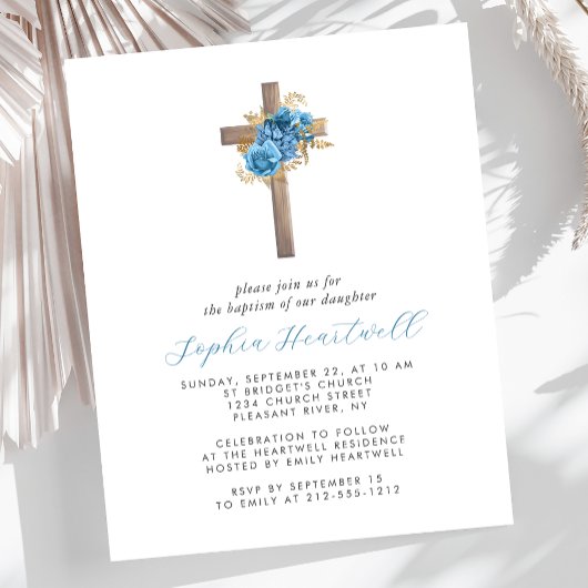 Papier Budget Floral Blue Gold Croix Baptême Invitation
