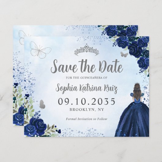 Papier Budget Floral Blue Grey Quinceanera Enregistrer la (Devant / Derrière)