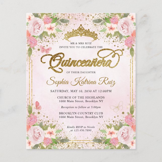 Papier Budget Floral Blush Or Rose Tiara Quinceañera (Devant)