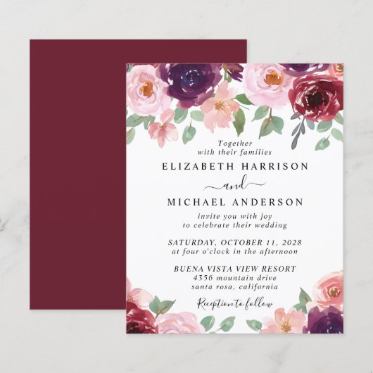 Papier Budget Floral Bourgogne Aquarelle Mariage Invitati (Devant / Derrière)