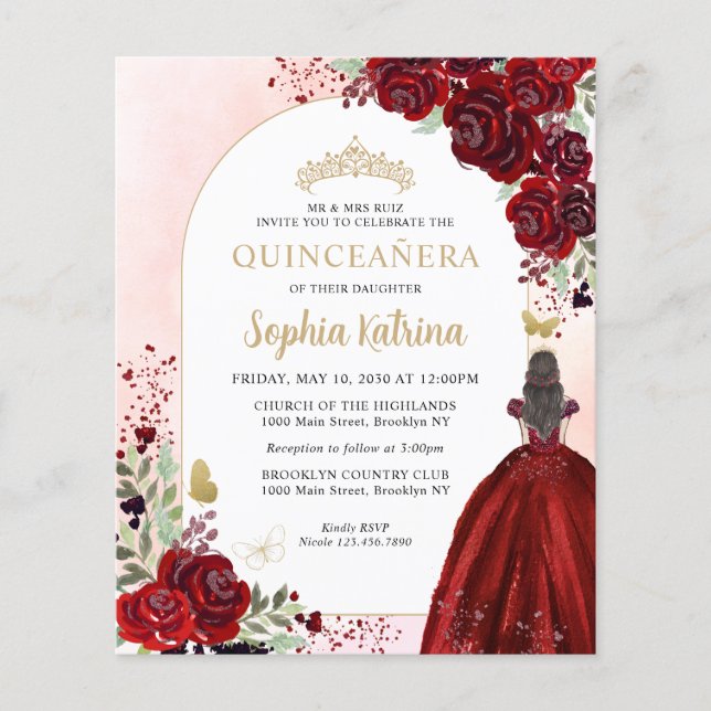 Papier Budget Floral Bourgogne Or Princesse Quinceanera (Devant)