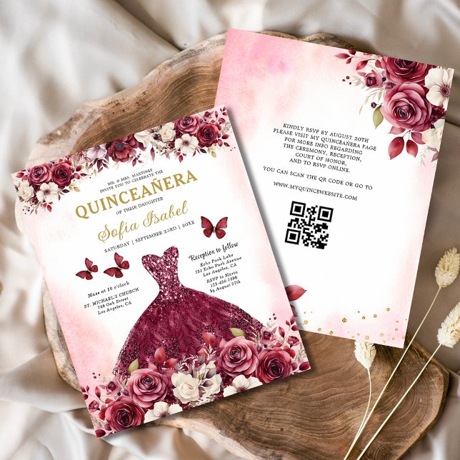 Papier Budget Floral Bourgogne QR Code Quinceanera (Créateur téléchargé)