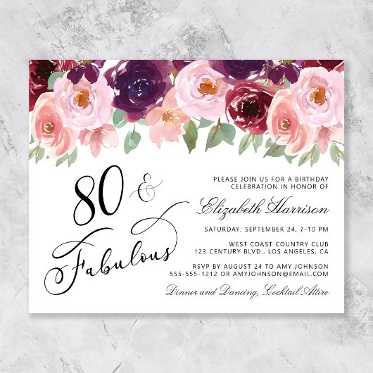 Papier Budget Floral Bourgogne rose 80e fête d'anniversai