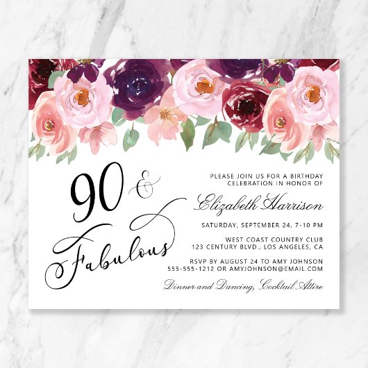 Papier Budget Floral Bourgogne rose 90e fête d'anniversai
