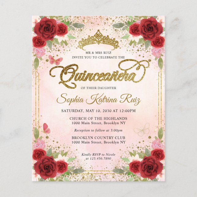 Papier Budget Floral Bourgogne rose Or Tiara Quinceañera (Devant)