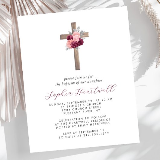 Papier Budget Floral Burgundy Blush Cross Baptism Invitat