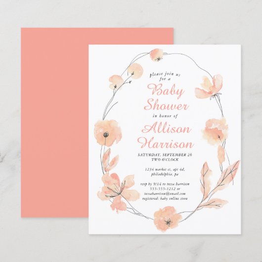 Papier Budget Floral Coral Baby shower Invitation (Devant / Derrière)