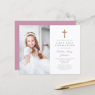 Papier Budget Floral Croix rose photo première communion