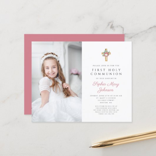 Papier Budget Floral Cross Girl First Communion Photo (Devant/Arrière en situation)