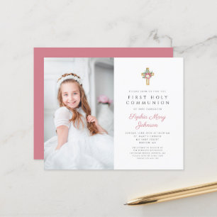 Papier Budget Floral Cross Girl First Communion Photo