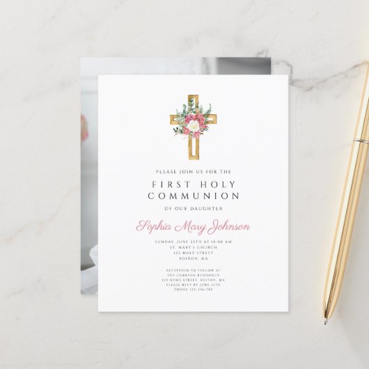Papier Budget Floral Cross Girl Photo First Communion (Devant/Arrière en situation)