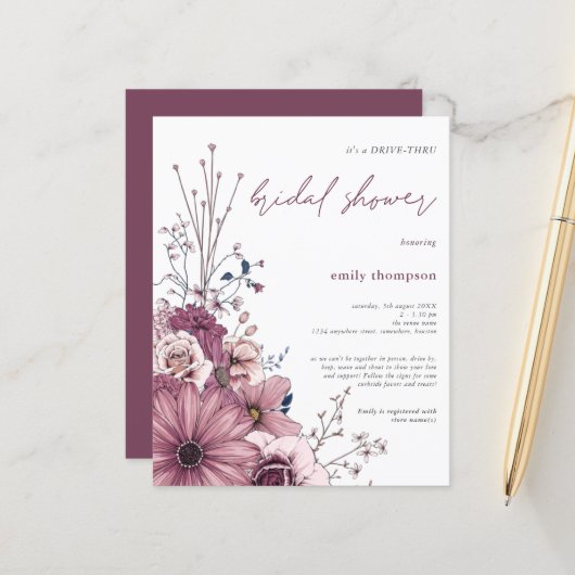 Papier Budget Floral Drive Par Bridal Shower Invitation (Devant/Arrière en situation)