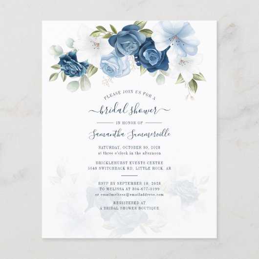 Papier Budget Floral Dusty Blue Bridal Shower Invitation (Devant)