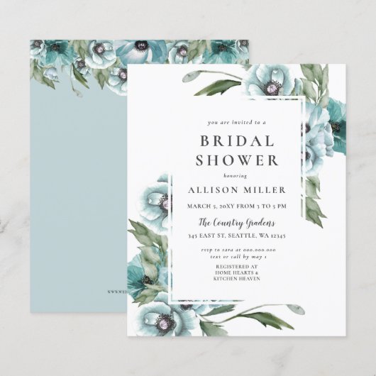 Papier Budget Floral Dusty Blue Bridal Shower Invitation (Devant / Derrière)