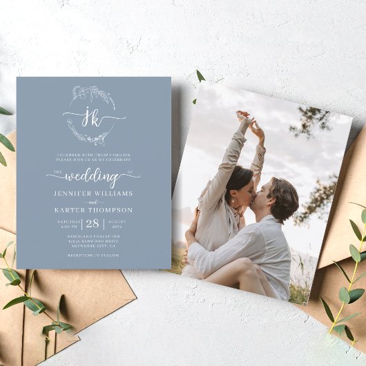 Papier BUDGET Floral Dusty Blue Monogramme Photo Mariage