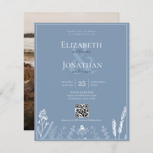 Papier BUDGET Floral Dusty Blue Monogramme QR Mariage pho (Devant / Derrière)