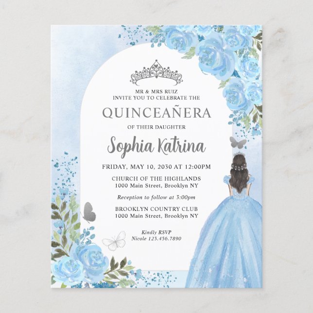 Papier Budget Floral Dusty Blue Princesse Quinceanera (Devant)