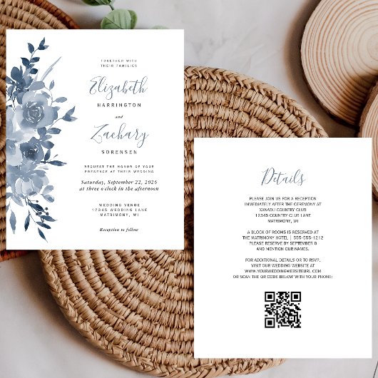 Papier Budget Floral Dusty Blue QR Code Mariage Invitatio
