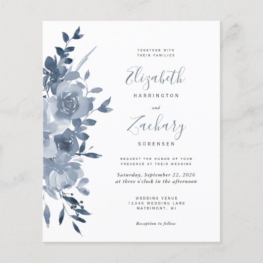Papier Budget Floral Dusty Blue QR Code Mariage Invitatio (Devant)