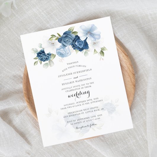 Papier Budget Floral Dusty Blue Script Faire-part de mari