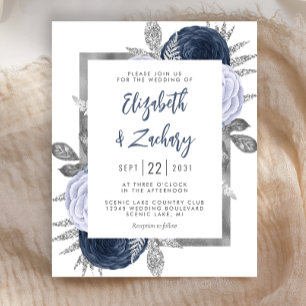 Papier Budget Floral Dusty Blue Silver Wedding Invitation