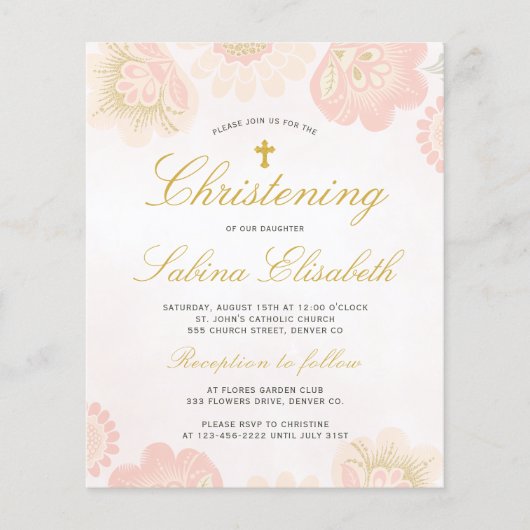 Papier Budget floral élégant Christening Invitation (Devant)